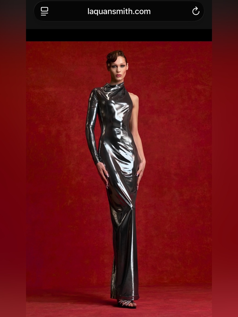 LaQuan Smith One-Shoulder Metallic Black Gown